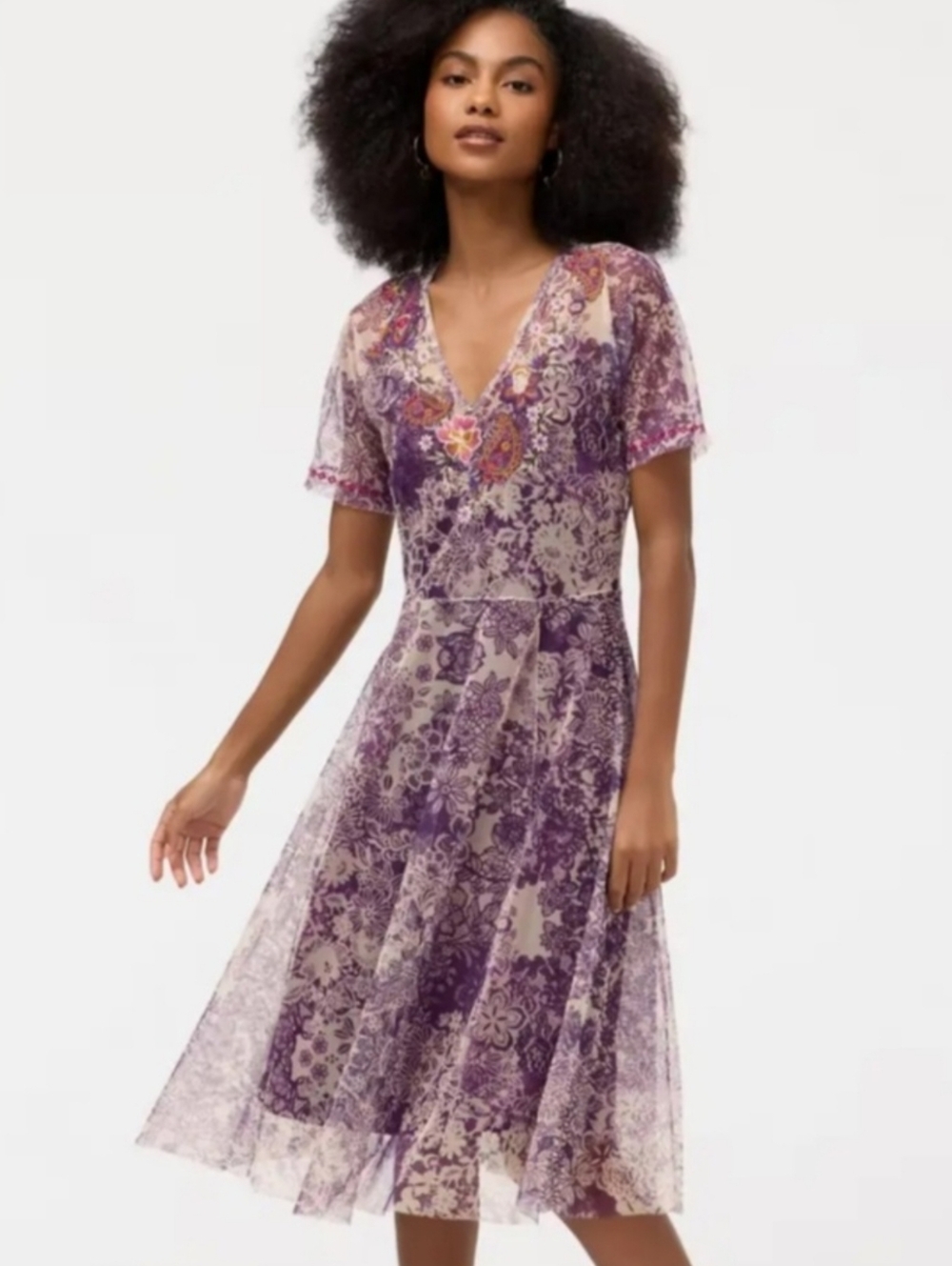 Johnny Was Wendy Purple Floral Midi Dress Embroidered Size XS